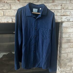 Billy Reid standard fit blue button down with vertical stripes.  Size large.